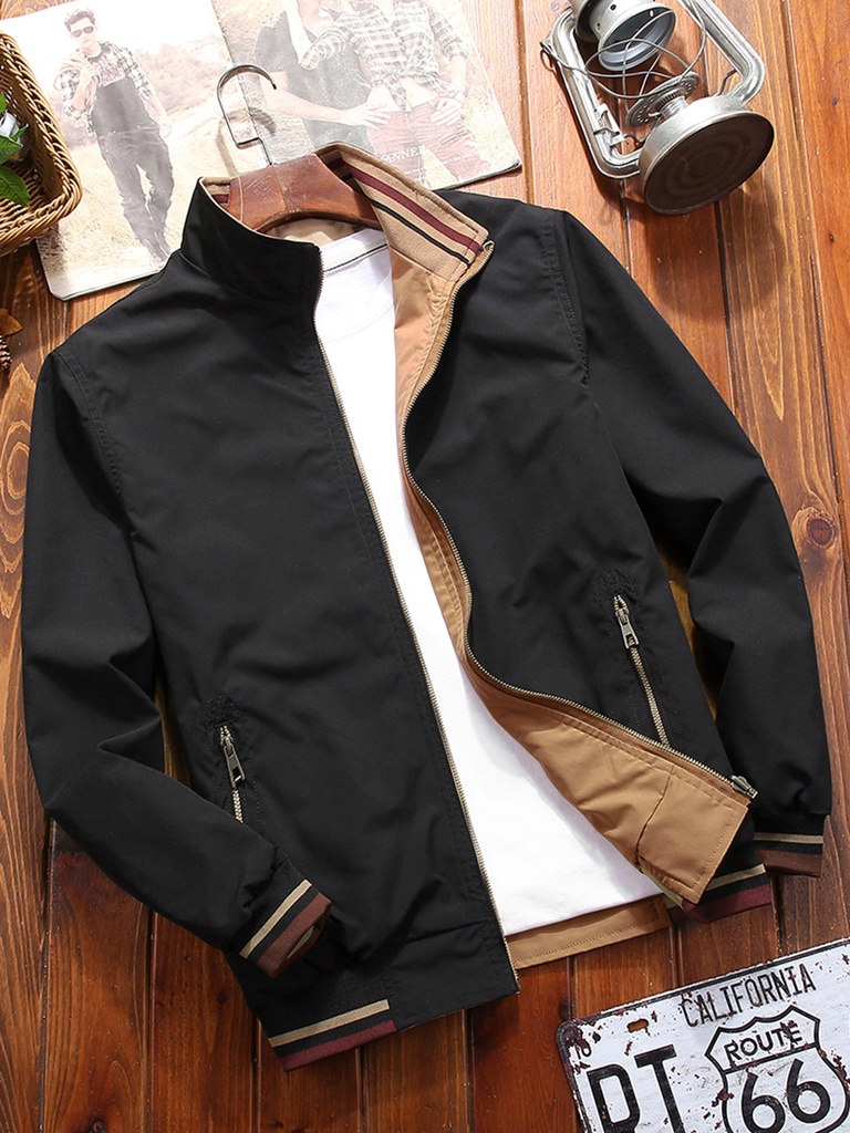 Men's casual jacket with a stand collar, designed for double-sided wear