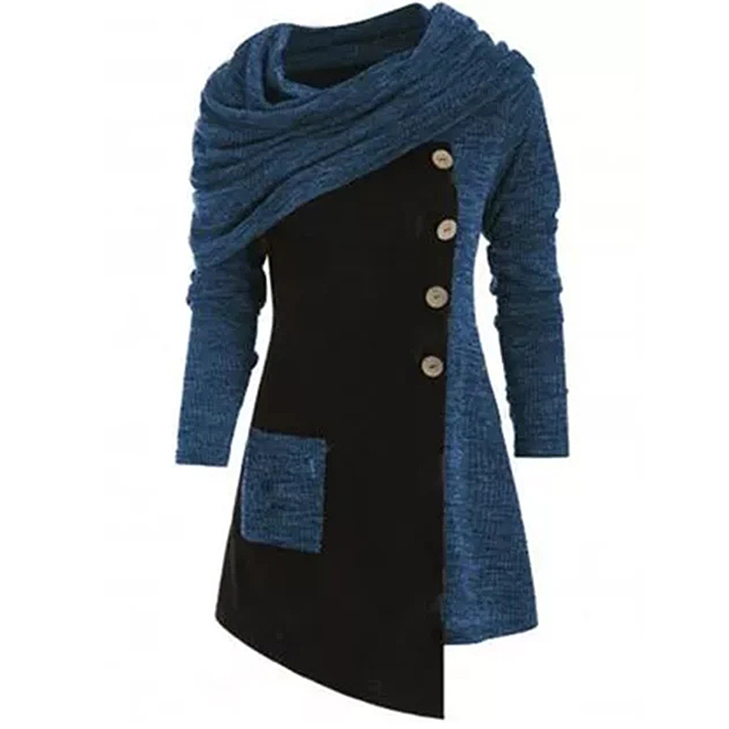 بلوزة نسائية بقبعة مع ياقة مطوية مزين بأزرار وتفصيل خياطة