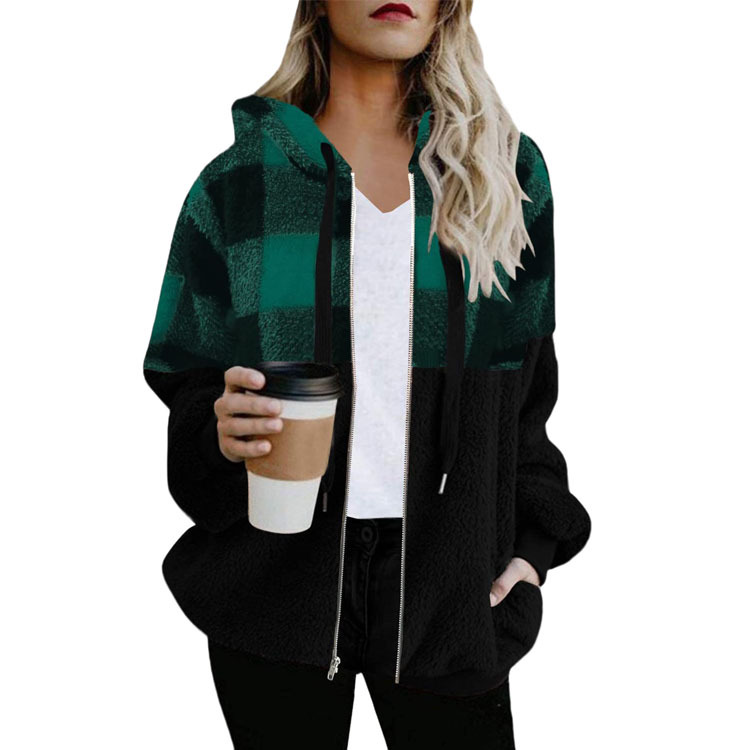 Plaid Patchwork Plush Hooded Zip-Up Jacket