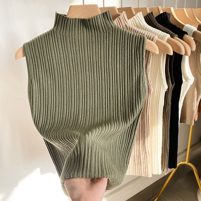 Women’s Sleeveless Knitted Blouse, Korean Style, with Half Turtleneck