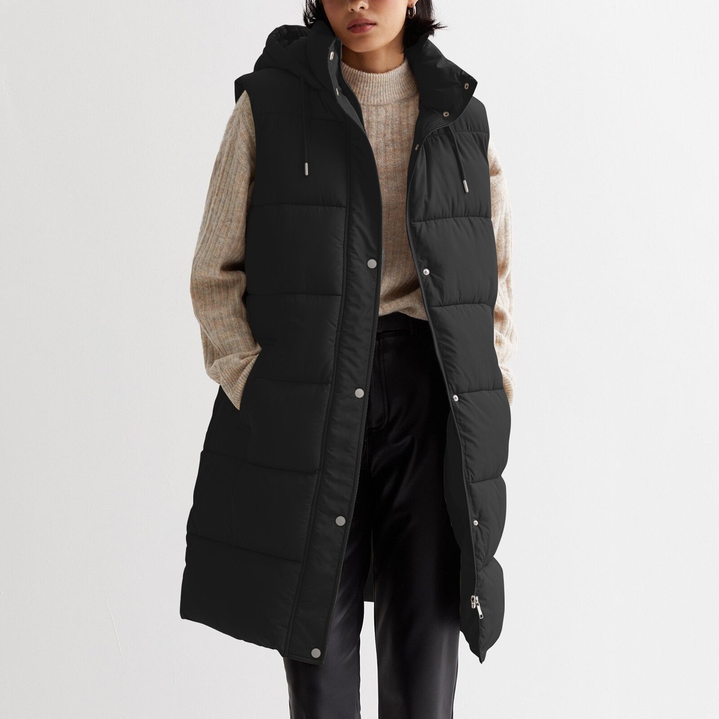 Women’s Sleeveless Mid-Length Hooded Coat with Solid Color and Front Buttons