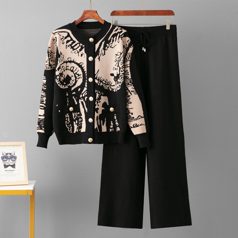 Jacquard Cardigan with Buttons and Wide-Leg Pants Set