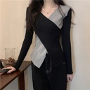 Women’s Slim-Fit Blouse with Cross Design and Contrast Colors