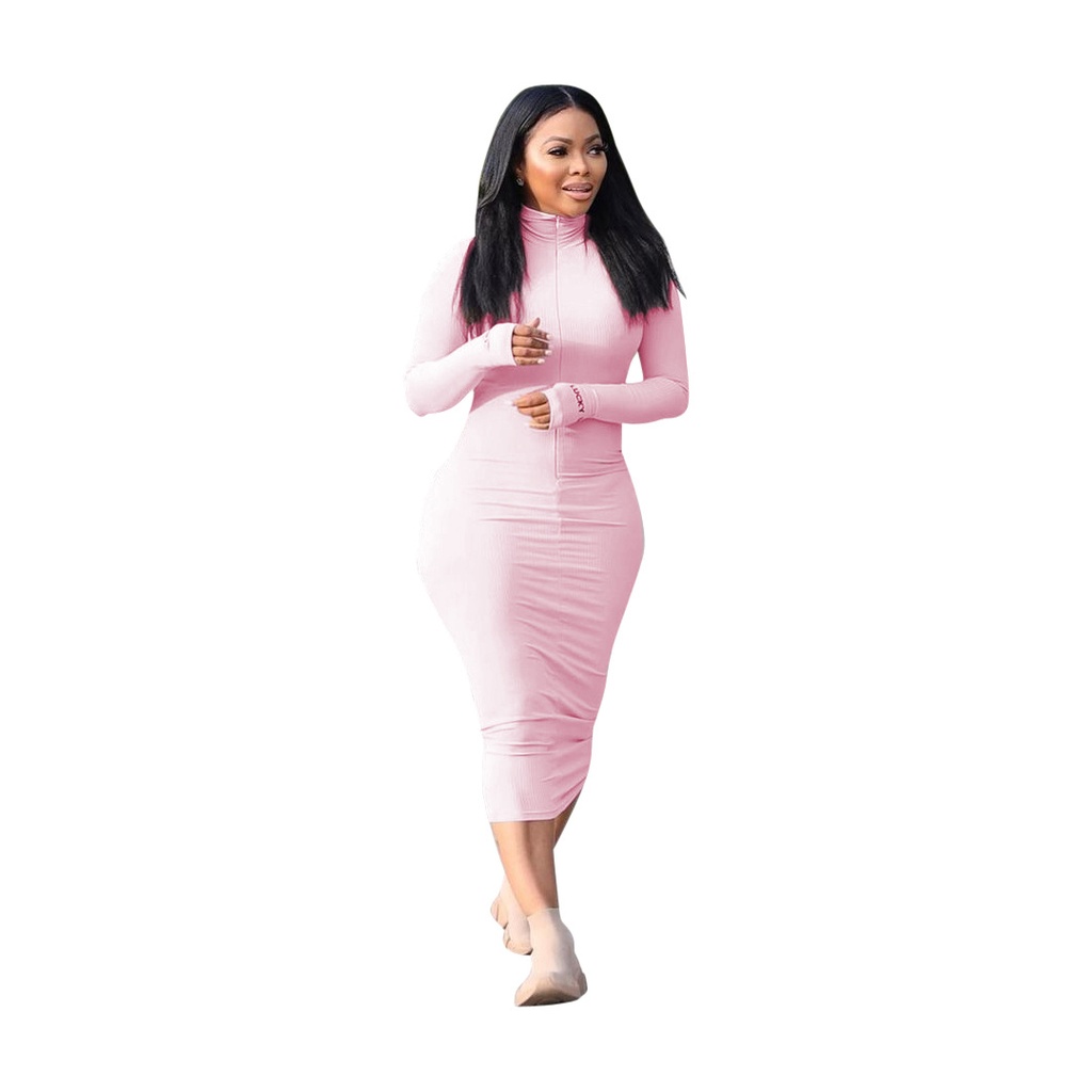 Casual elegant long-sleeve dress – solid color with sunken stripes and letter embroidery