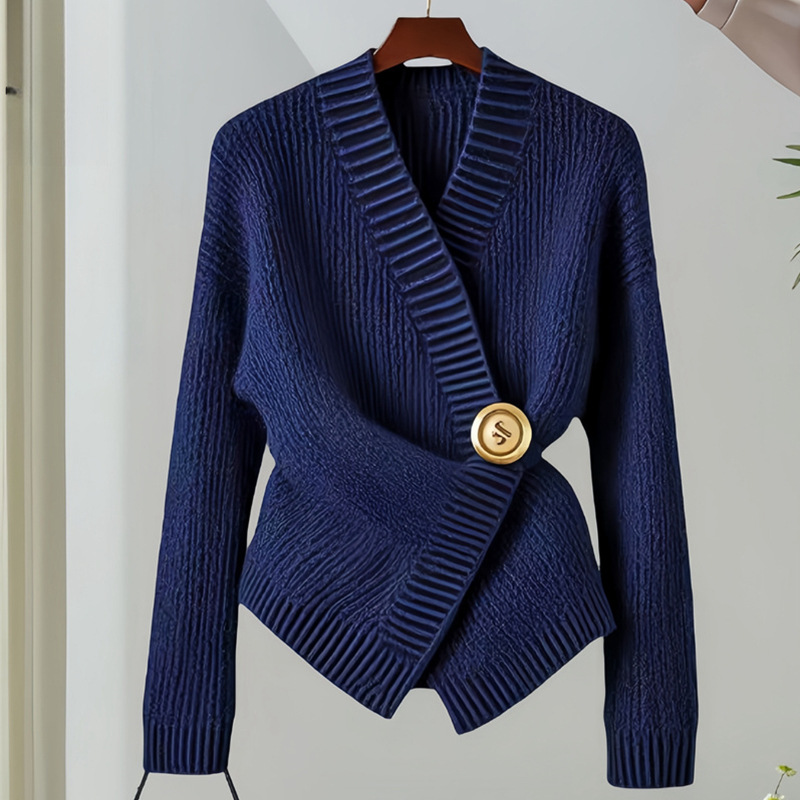 Knitted blouse with an irregular V-neck and fitted waist design, suitable for autumn and winter