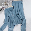 Women’s Knitted Two-Piece Set – V-Neck Blouse with Casual Polka Dot Pants