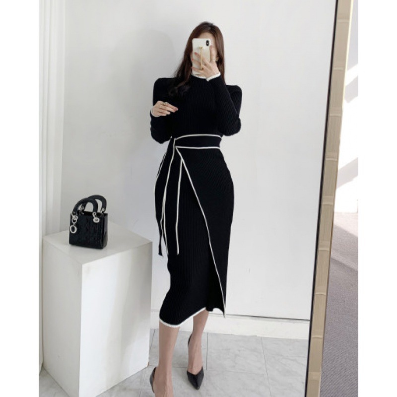 Knitted Long-Sleeve Dress with Contrast Waist Tie