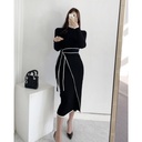 Knitted Long-Sleeve Dress with Contrast Waist Tie