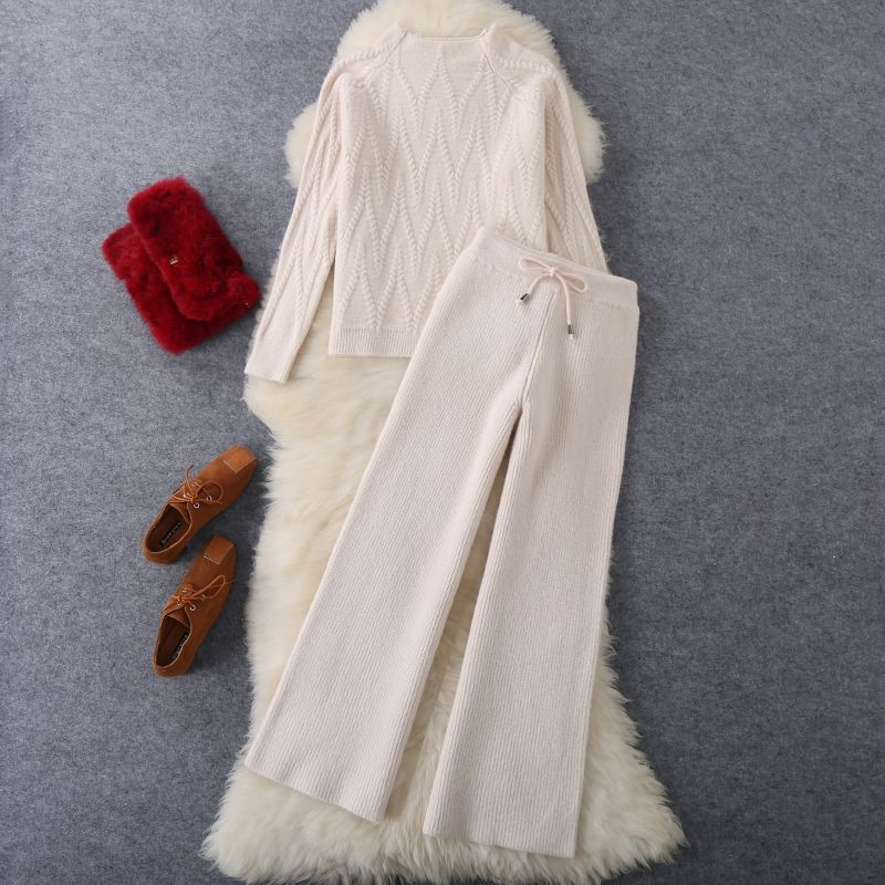 طقم سويتر محبوك من قطعتين بأكمام طويلة لستايل أنيق عملي