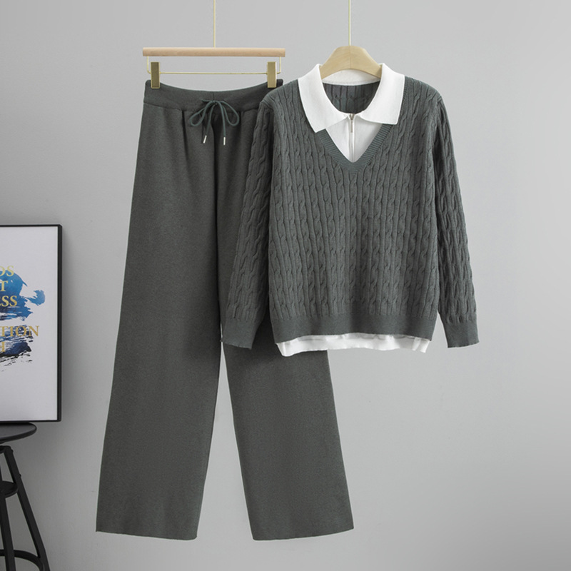 Two-Piece Set: Knitted Polo Collar Sweater with Wide-Leg Pants