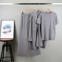 Elegant Three-Piece Set: Blouse with Knitted Mid-Length Cardigan and Wide-Leg Pants