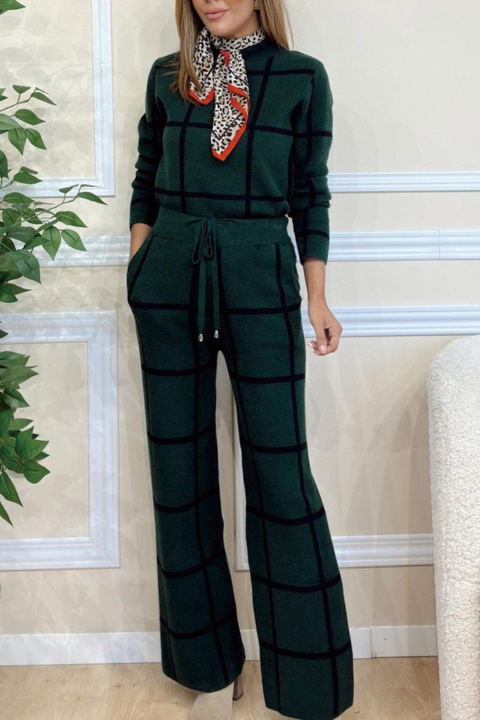 Women's Turtleneck Long-Sleeve Top with Checked Print Trousers Set