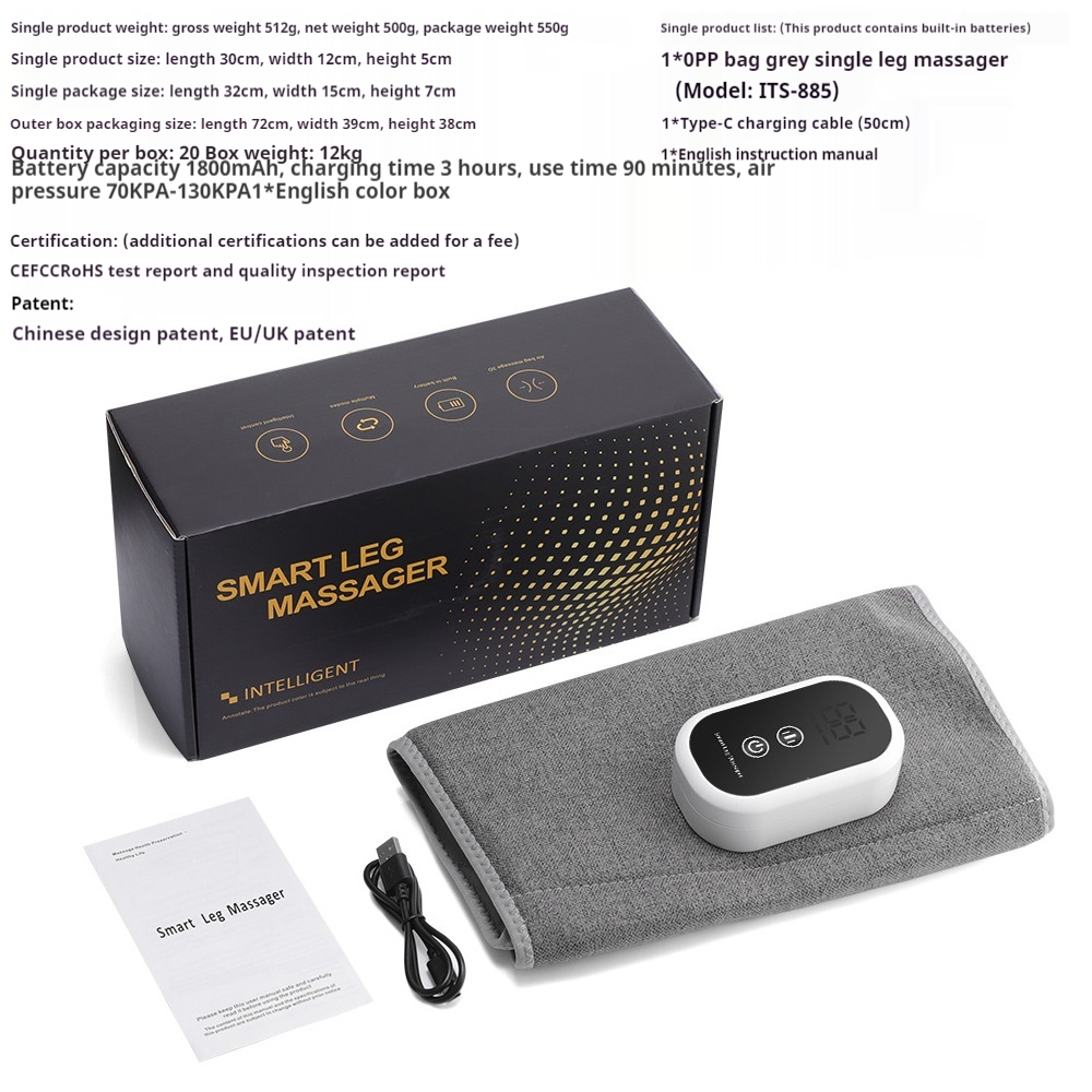 Electric leg massager with air waves, airbag, and hot compress.