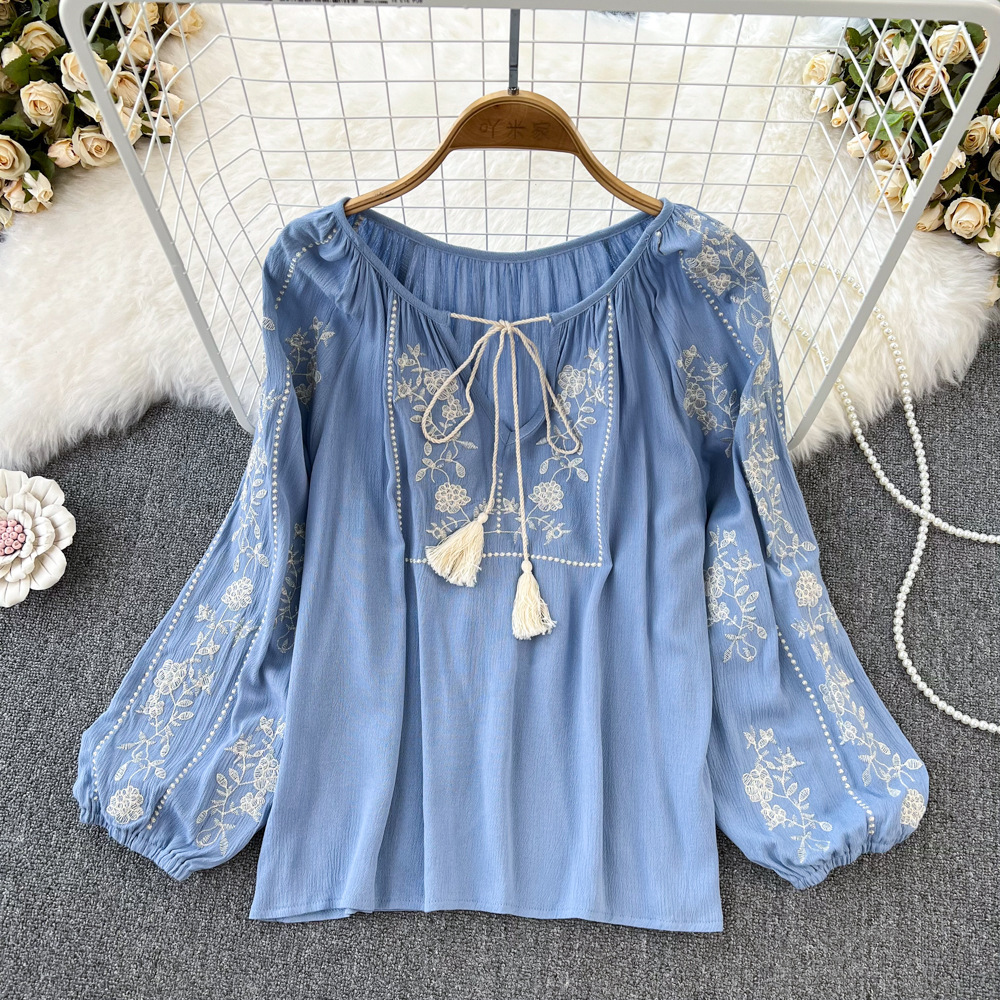 Retro Ethnic Style Temperament Long Sleeve Round Neck Pullover Embroidery Loose Shirt