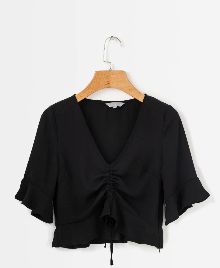 Women’s Short V-Neck Blouse with Ruffled Sleeves