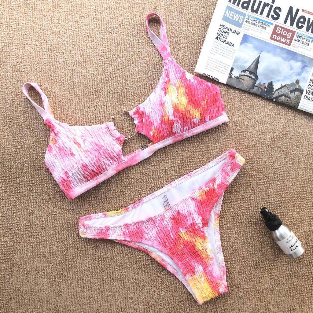 Solid-color pleated cutout bikini set