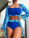 Three-piece swimsuit set with long sleeves.