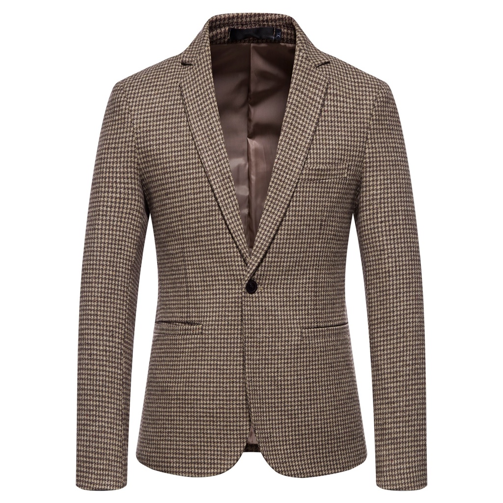 Modern men’s wool jacket with a single-button closure