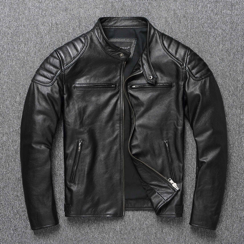 Leather jacket with a stand collar and a modern design