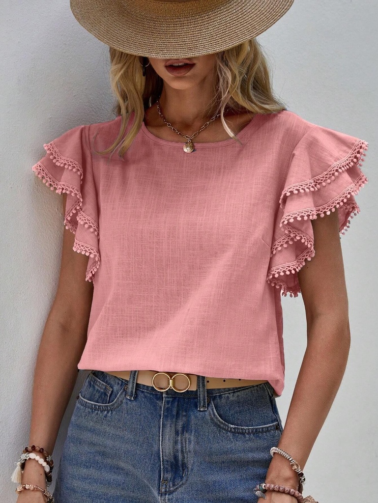 Casual Round Neck Summer Loose Shirt Lotus Leaf Batwing Shirt Short Sleeve