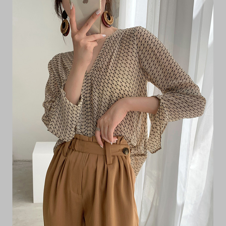 Women's Split Long Sleeve Printed Chiffon Shirt Fashionable Retro Elegant Versatile Top