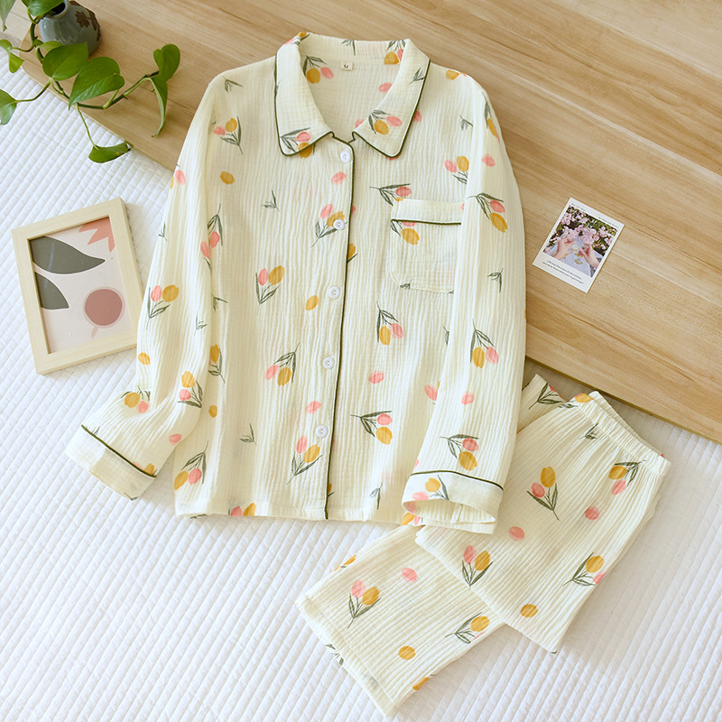 Spring And Autumn Gauze Crepe Long Sleeve Thin Homewear Women's Can Be Worn Outside In Autumn And Winter Suit