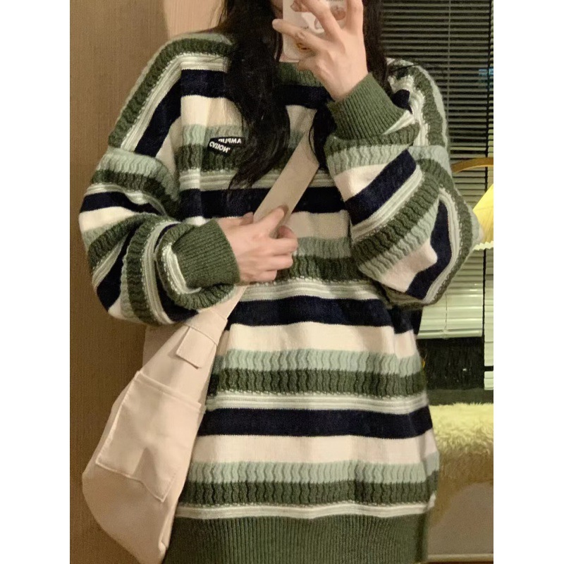 Long Sleeve Pullover Round Neck Men's Casual Striped Loose Sweater