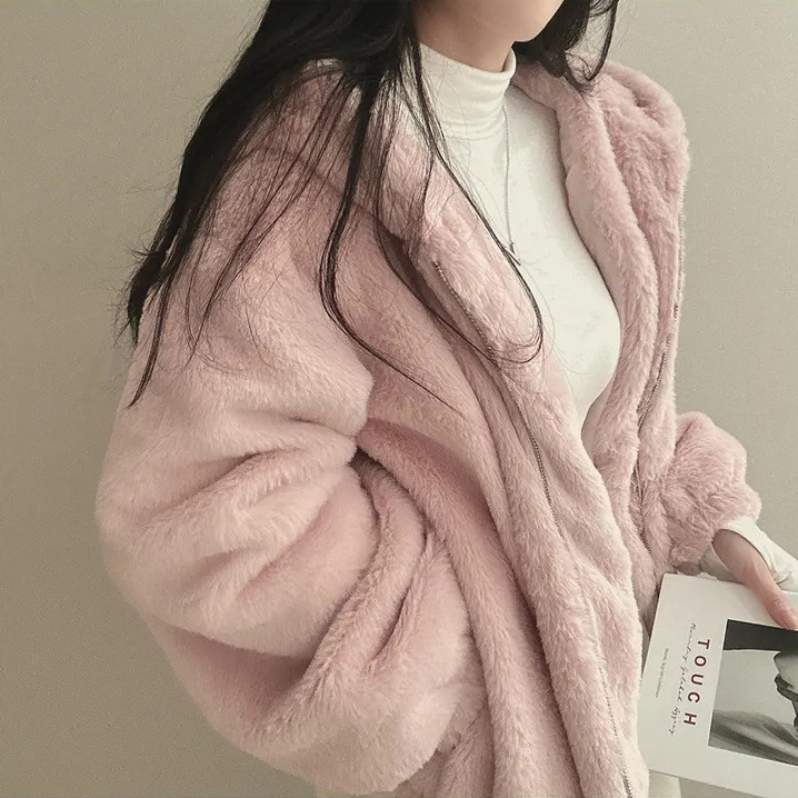 South Korea French Minority Zipper Hooded Warm Casual Sports Plush Coat