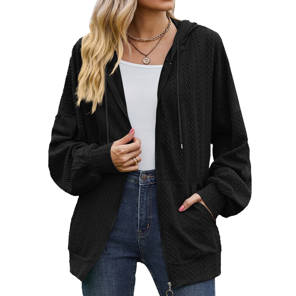 Women's Fashion Solid Color And V-neck Zipper Loose Sweater Coat