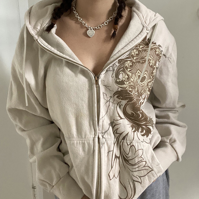 Women's Retro Print Loose Hooded Cardigan Sweater Coat