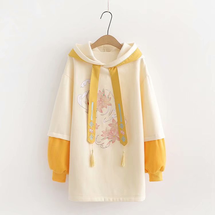 Ethnic Style Color-blocking Koi Embroidery Sweatshirt Plus Velvet Mid-length Hooded Jacket