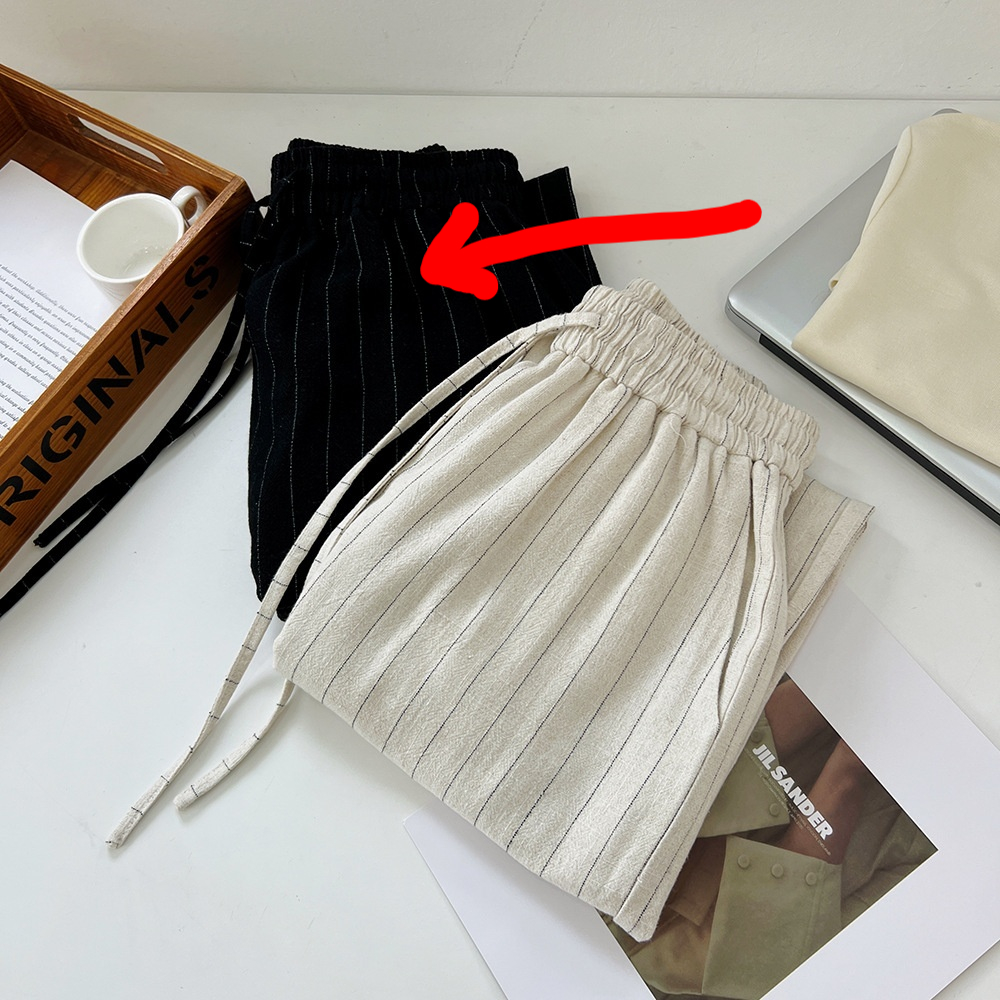 Lazy And Soft Cotton Linen Striped Wide Leg Pants