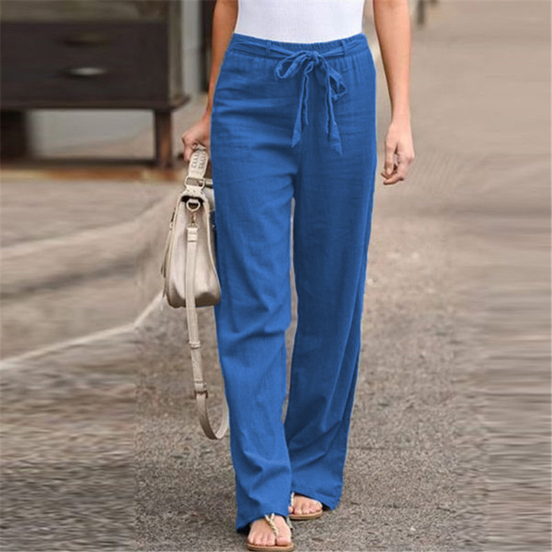 European And American Cotton And Linen Casual Wide-leg Pure Color Elastic Waist Lace-up Loose Women's Trousers