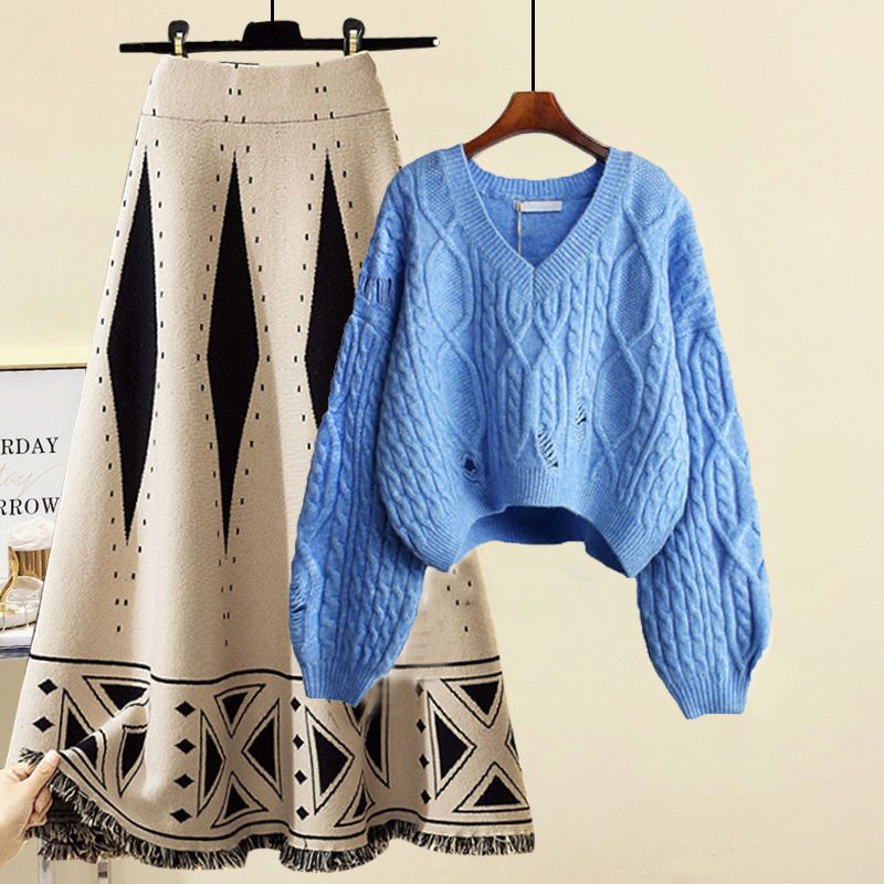 Women's Knitting Sweater Skirt Two-piece Set