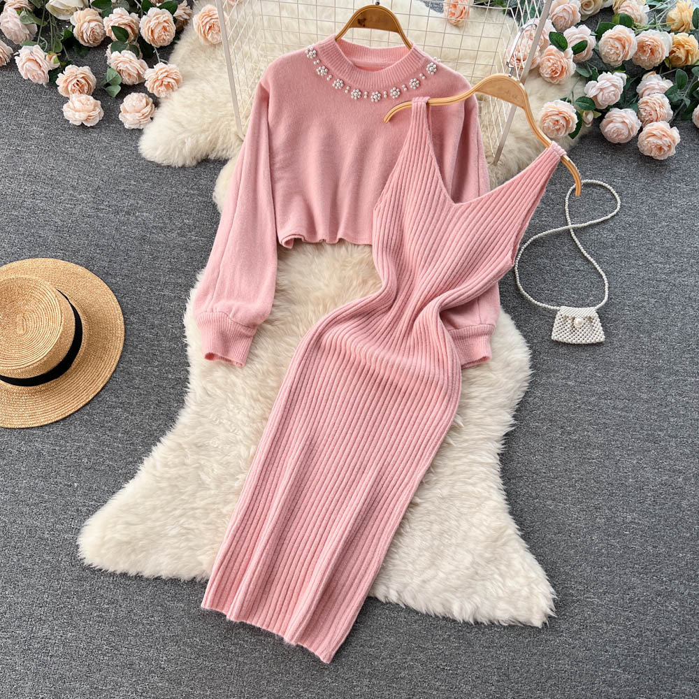 Short Knitted Shirt V Neck Halter Dress Two Piece Set