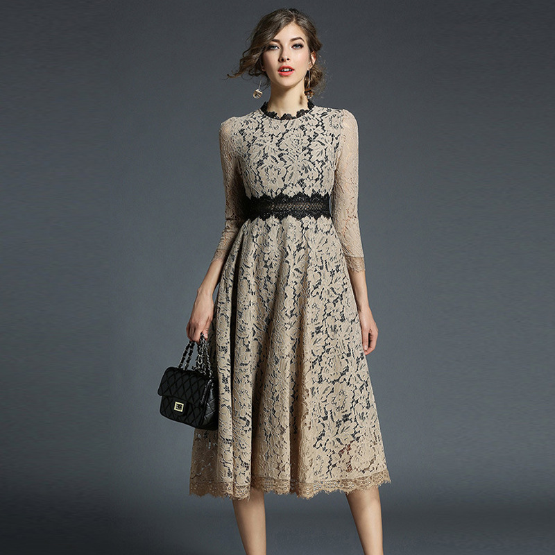 New European And American Hook Flower Hollow Stitching Lace Dress