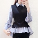Women's Simple Waistcoat Striped Long Sleeve Shirt Set