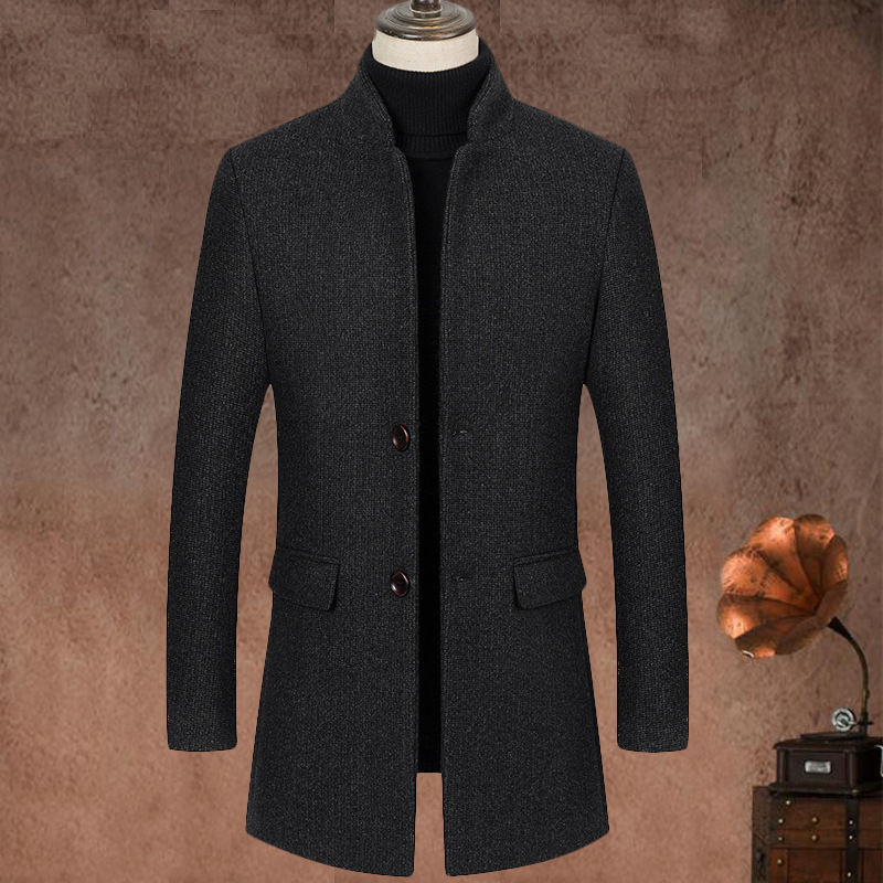 Stand Up Collar Mid Length Woolen Slim Fit Wool Coat