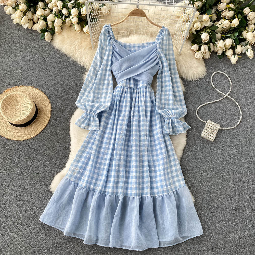 Gentle Temperament Square Neck Lantern Sleeve Plaid Dress
