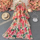 Feminine Round Neck Printed Over Knee Swing Holiday Chiffon Dress