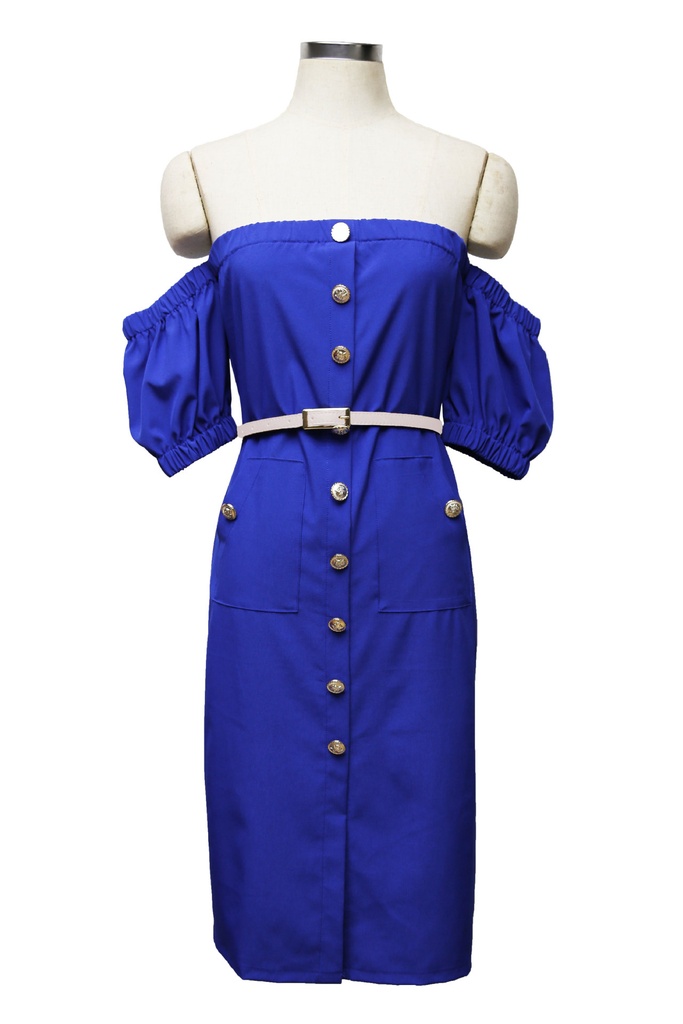 European and American sexy women's dress with one word collar and buttoned pockets short sleeves