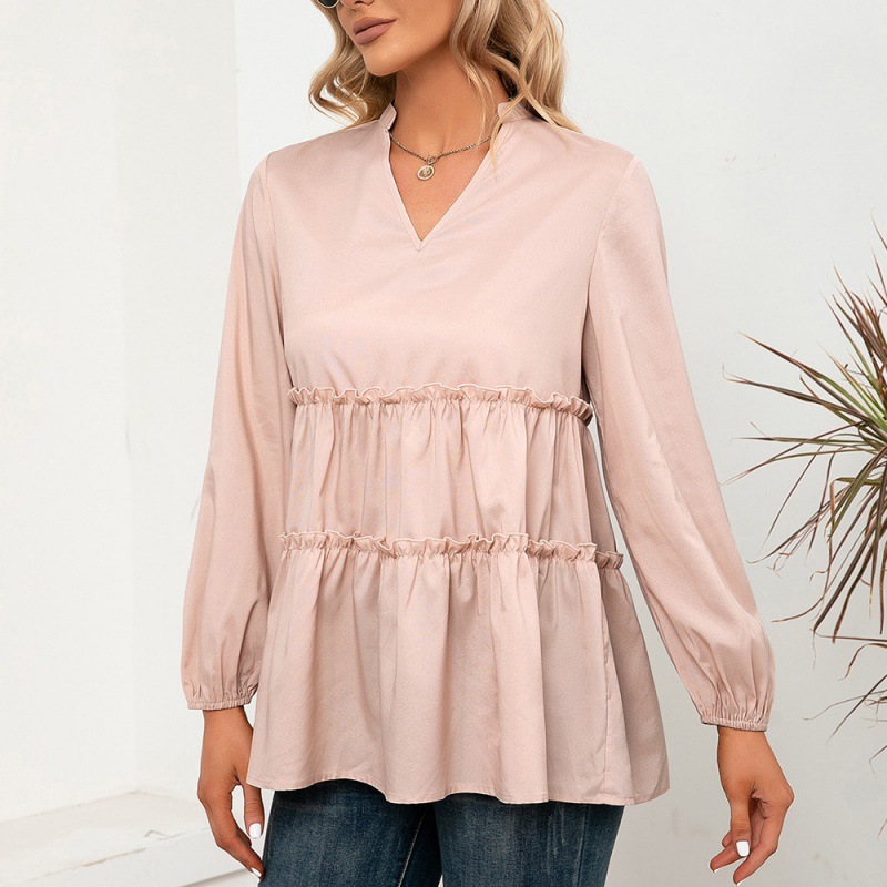 Women's Solid Color Wood Ears V-neck Midi Shirt