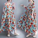 Artistic loose oversized cotton and linen printed short-sleeved dress for women