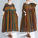 A loose and oversized dress with an elegant design, featuring printed stripes and short sleeves.