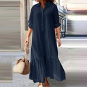 European and American Style Long Irregular Cotton and Linen Dress with Shirt Collar and Buttons
