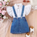 Stylish children's outfit – flounced sleeve top paired with a suspender skirt for a trendy and charming look