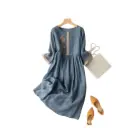 Loose dress with artistic embroidery and half sleeves, made from a linen-cotton blend — elegant and comfortable