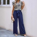 Elegant women's floral set with a V-neckline, belt, and wide-leg pants