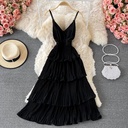 French long dress with V-neck and soft tiered design for a distinctive feminine look