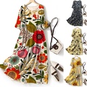 Long casual women’s dress featuring a modern print and an elegant round neckline
